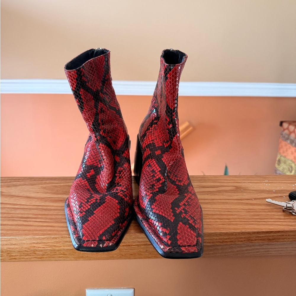 T by Alexander Wang Red and Black Snake Print Ankle Boots